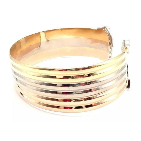 Authentic! Cartier 18k Tri-Color Gold Diamond Double C Wide Cuff Bangle Bracelet - Picture 4 of 10